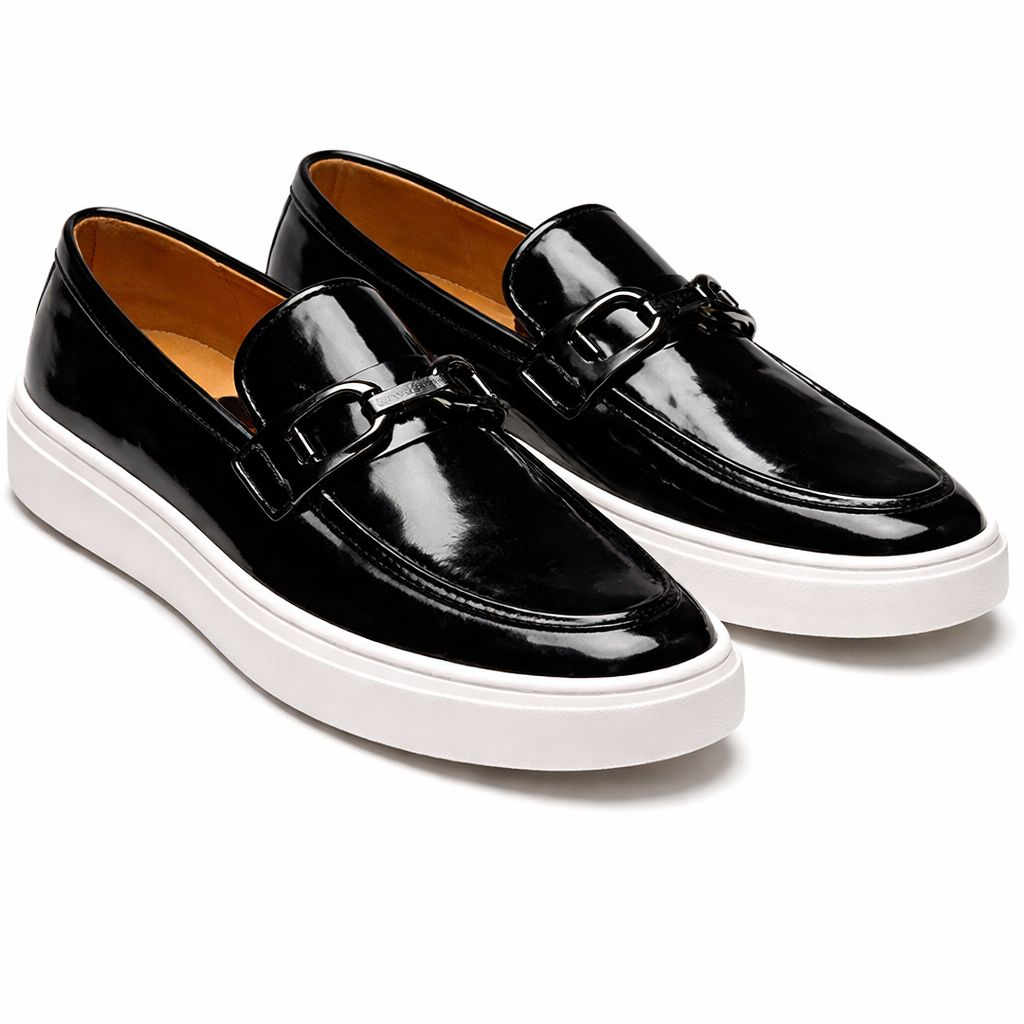 Glossy Black Patent Leather Loafers with White Rubber Sole